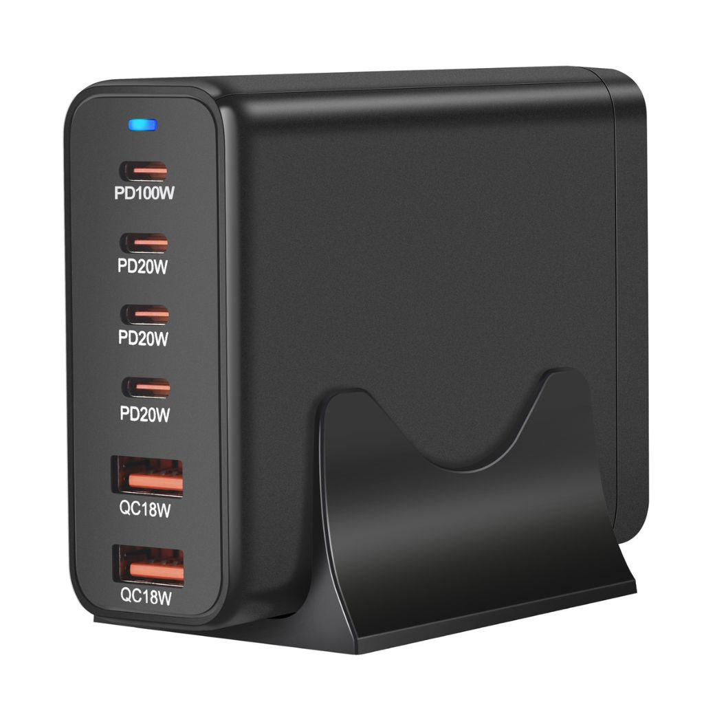 200W GaN 6-Port USB-C Charger with advanced GaN technology, featuring four USB-C PD ports and two USB-A QC 3.0 ports for ultra-fast and efficient multi-device charging. Compact and lightweight design suitable for home, office, and travel use.