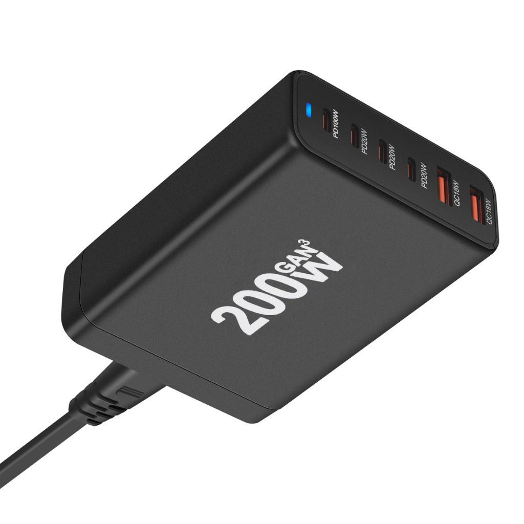 200W GaN 6-Port USB-C Charger with advanced GaN technology, featuring four USB-C PD ports and two USB-A QC 3.0 ports for ultra-fast and efficient multi-device charging. Compact and lightweight design suitable for home, office, and travel use.