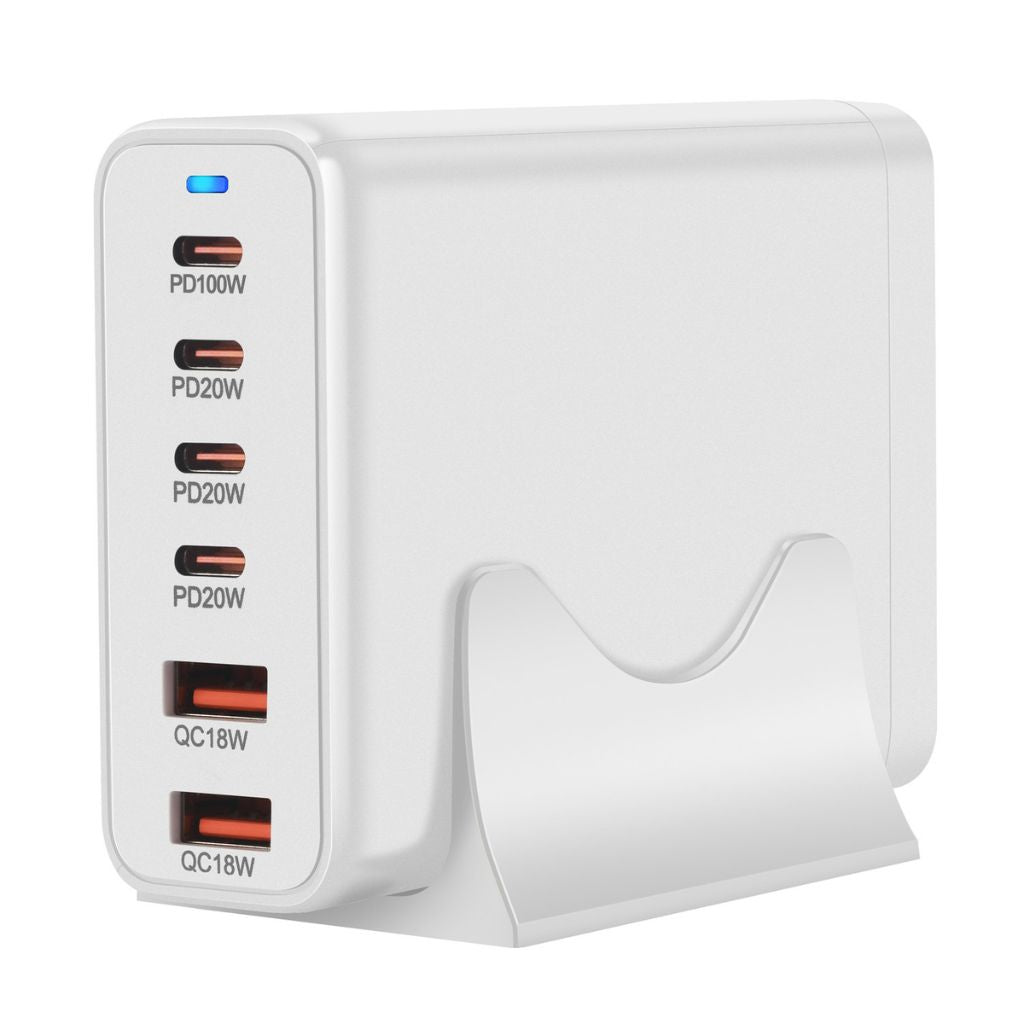 200W GaN 6-Port USB-C Charger with advanced GaN technology, featuring four USB-C PD ports and two USB-A QC 3.0 ports for ultra-fast and efficient multi-device charging. Compact and lightweight design suitable for home, office, and travel use.