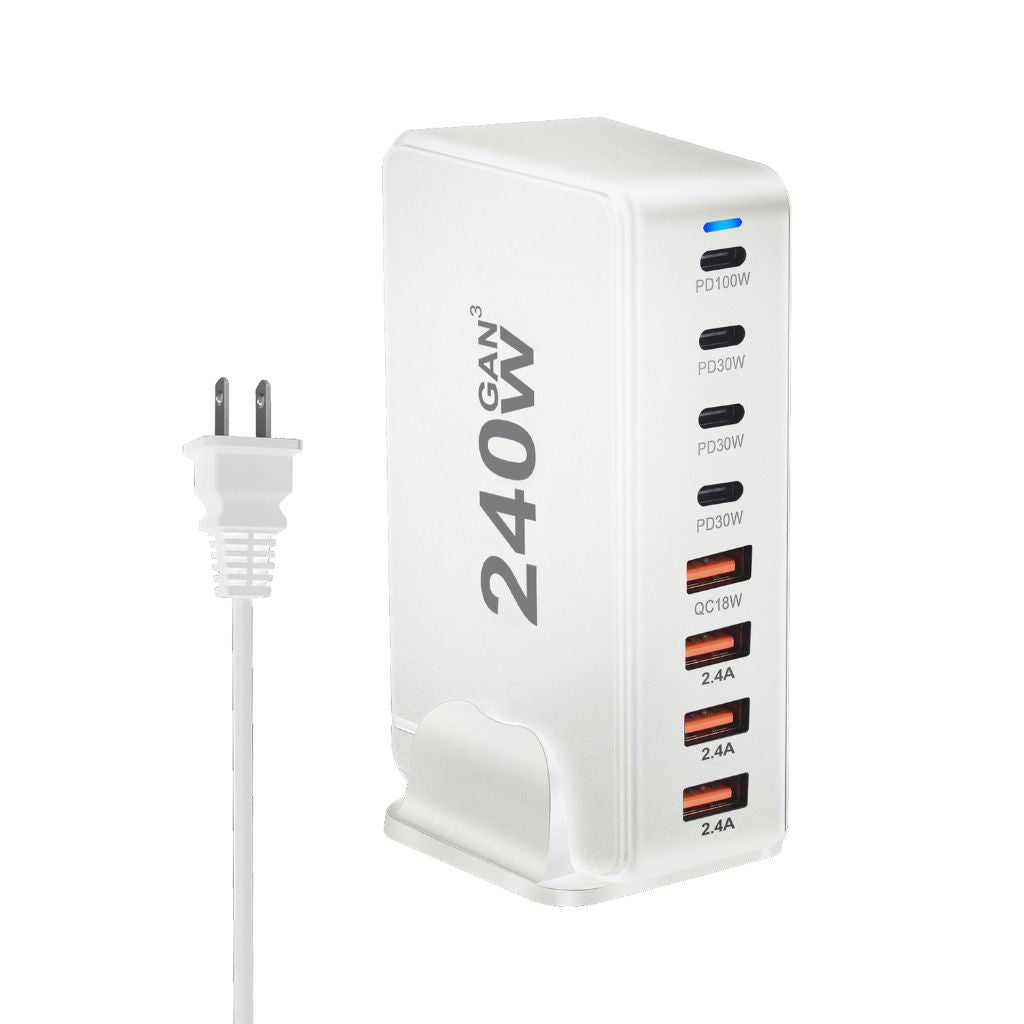 240W GaN 8-Port USB-C Charger with advanced GaN technology, featuring four USB-C PD ports and four USB-A QC ports for ultra-fast and efficient multi-device charging. Compact and lightweight design suitable for home, office, and travel use.