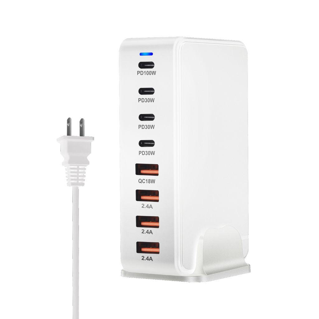 240W GaN 8-Port USB-C Charger with advanced GaN technology, featuring four USB-C PD ports and four USB-A QC ports for ultra-fast and efficient multi-device charging. Compact and lightweight design suitable for home, office, and travel use.