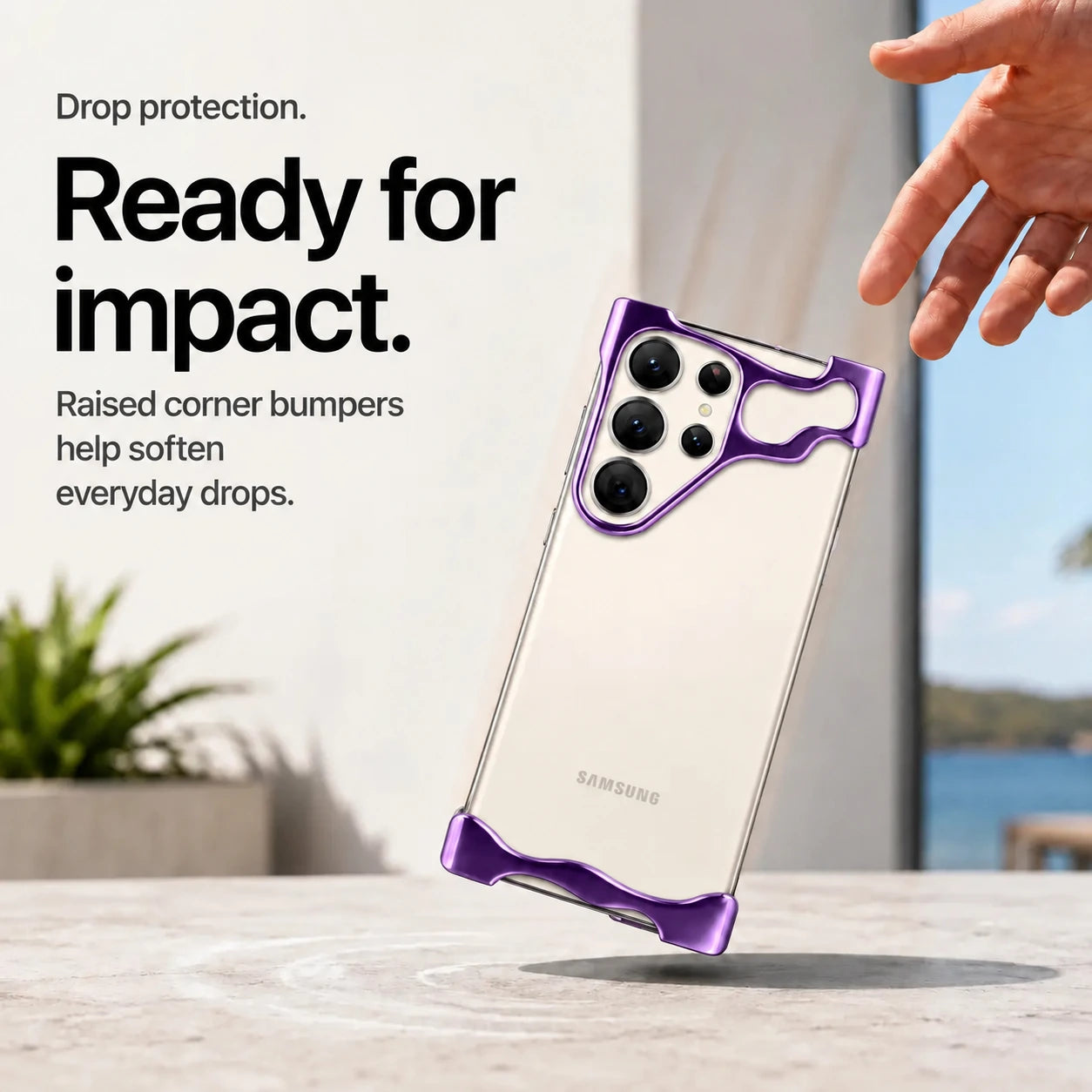 Purple open metal phone bumper case shown above a desk in a drop protection scene #color_Purple