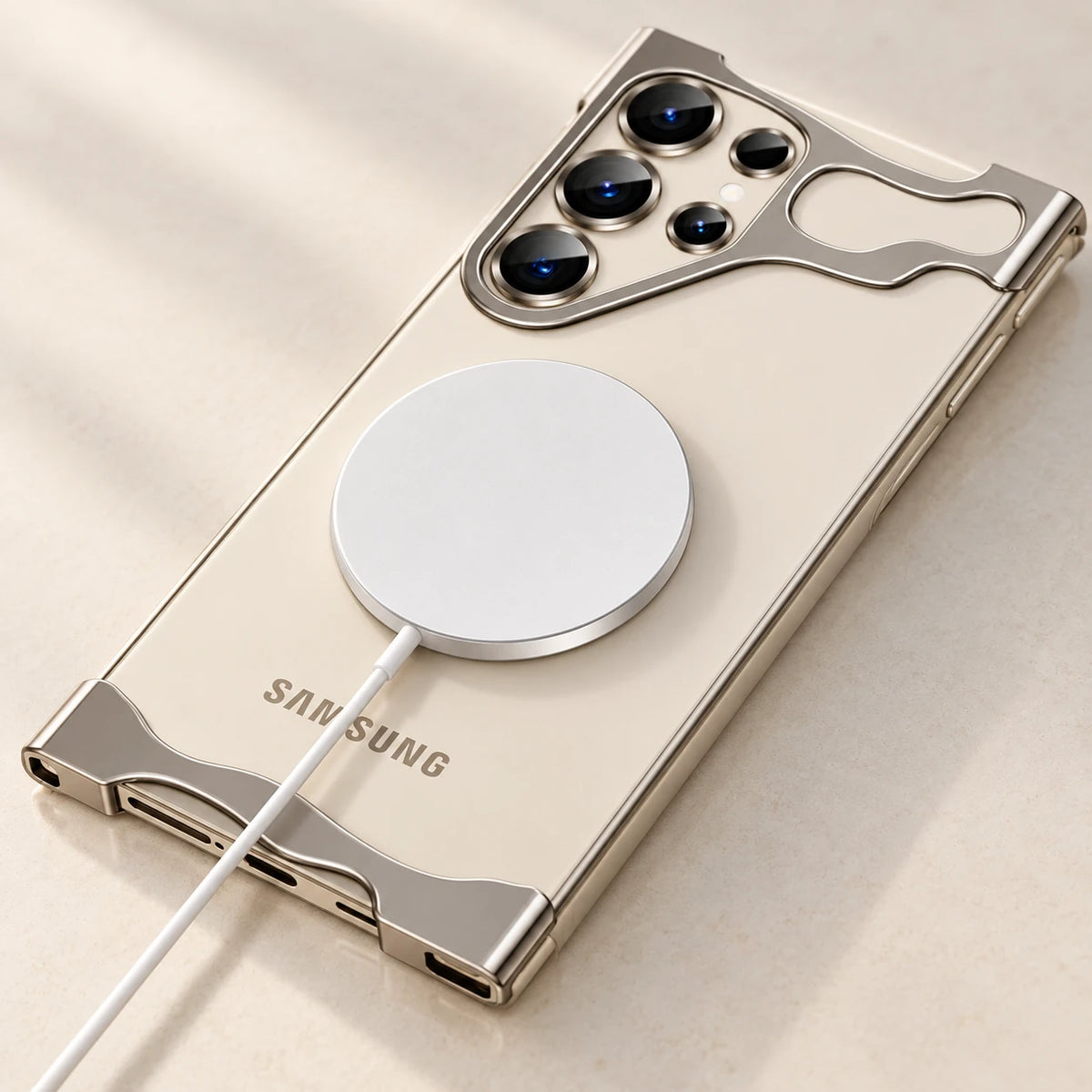 White charging puck on the open back of a silver-guarded phone.