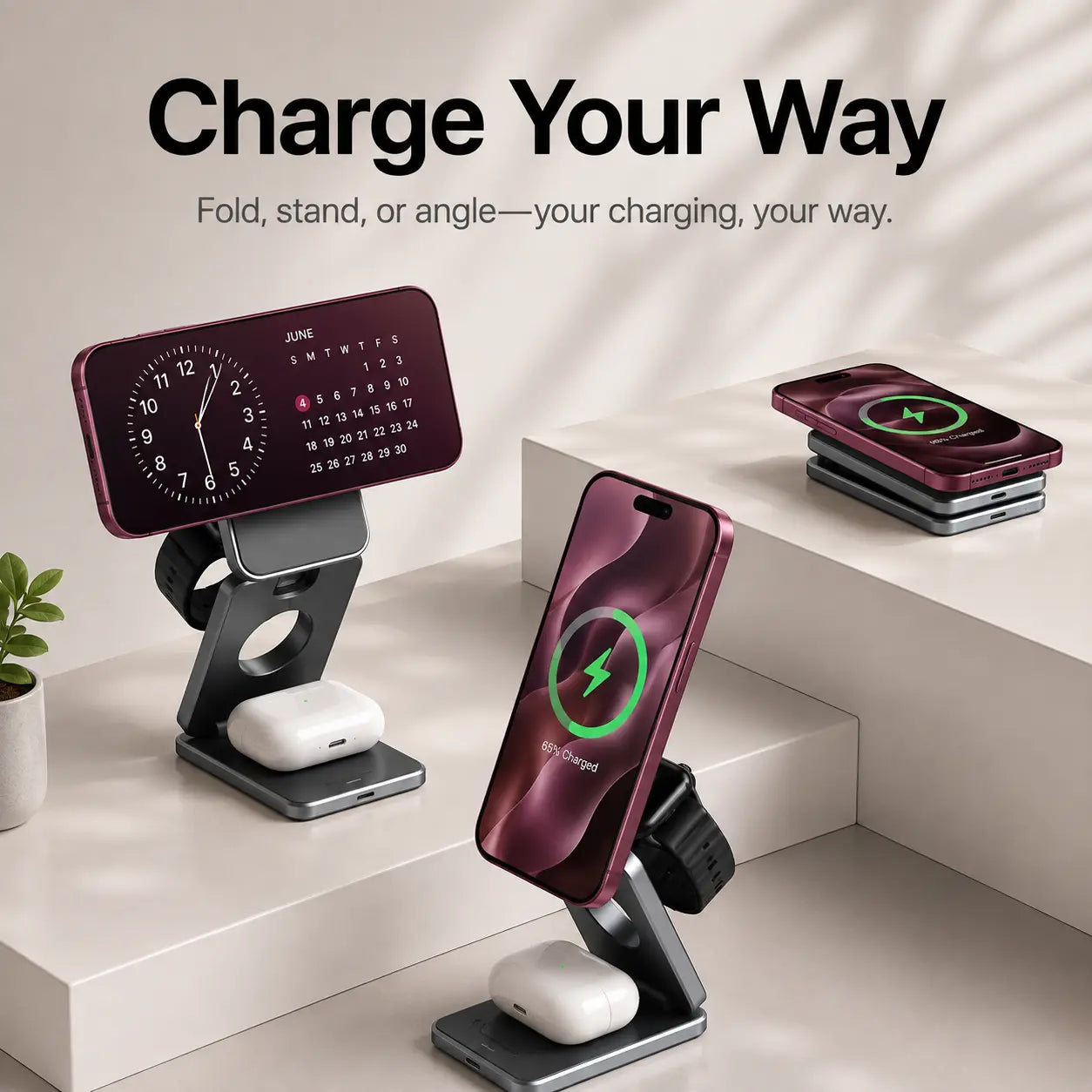MagSafe travel charger powering iPhone, Apple Watch and AirPods together