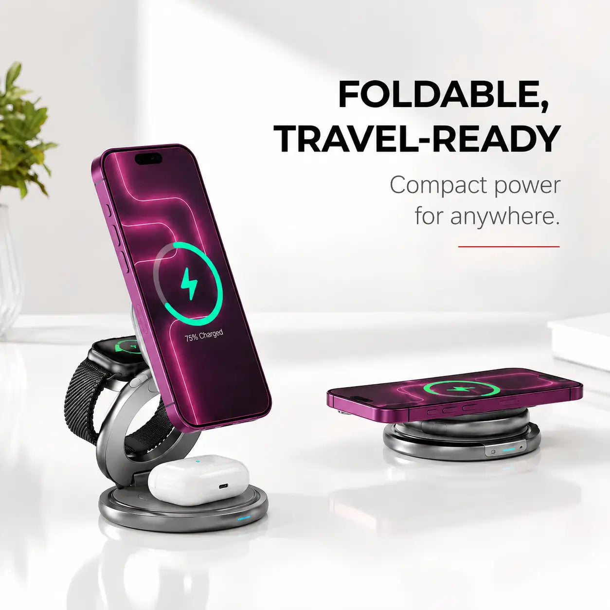 Foldable Qi2 travel charger for iPhone, Apple Watch and AirPods
