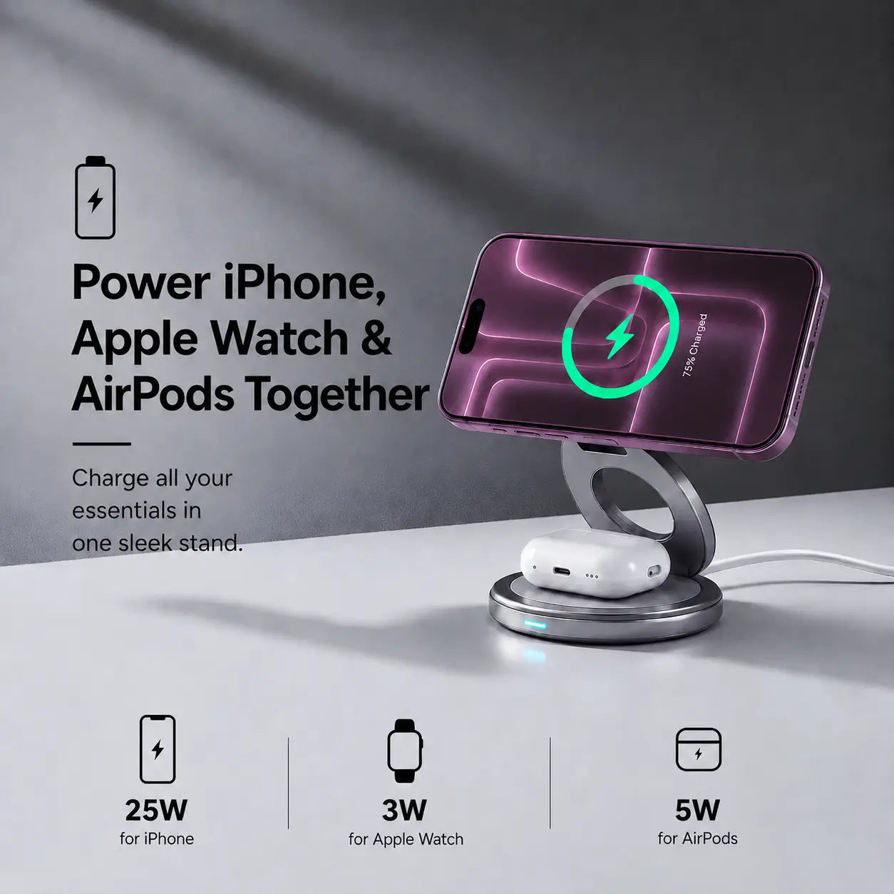 MagSafe charger powering iPhone, Apple Watch and AirPods together