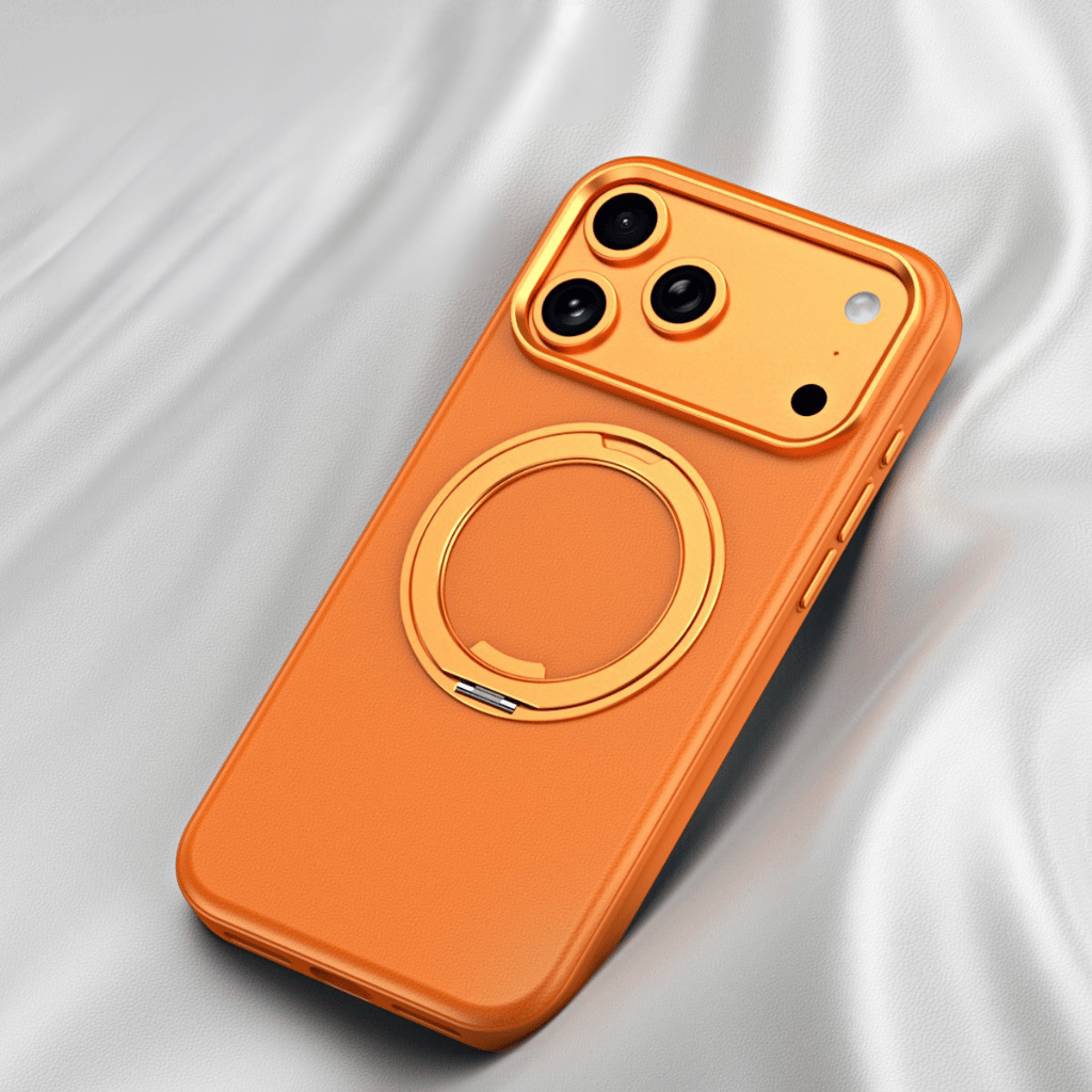 Cosmic orange MagCase Stand leather case resting on white fabric