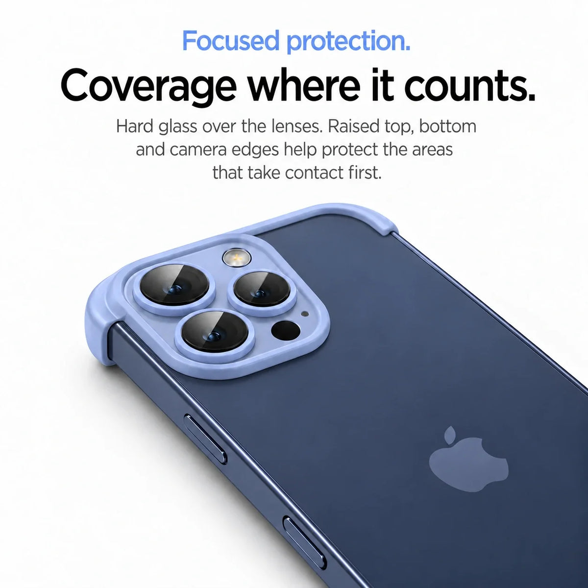 Blue phone bumper in close-up showing the raised camera surround and clear lens covers #color_Deep Blue