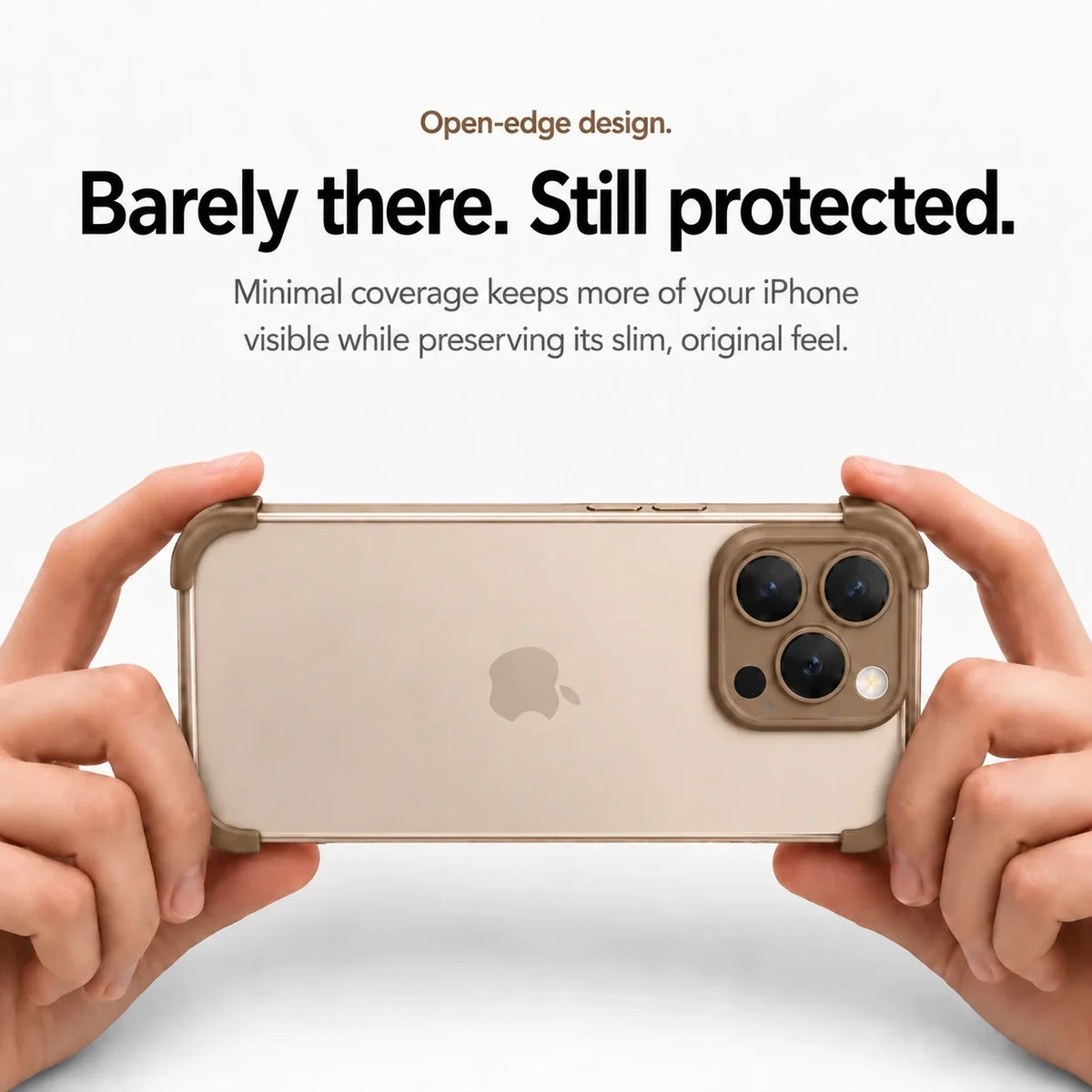 Brown open-back phone bumper held horizontally in two hands #color_Mocha Brown