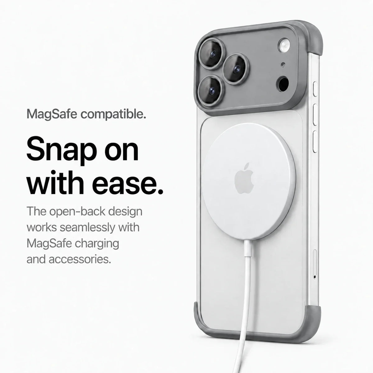 Gray open-back phone bumper attached to a white magnetic wireless charging puck #color_Slate Gray