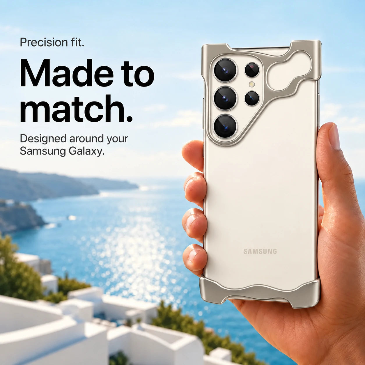 Gray open metal phone bumper case held against a coastal background #color_Gray