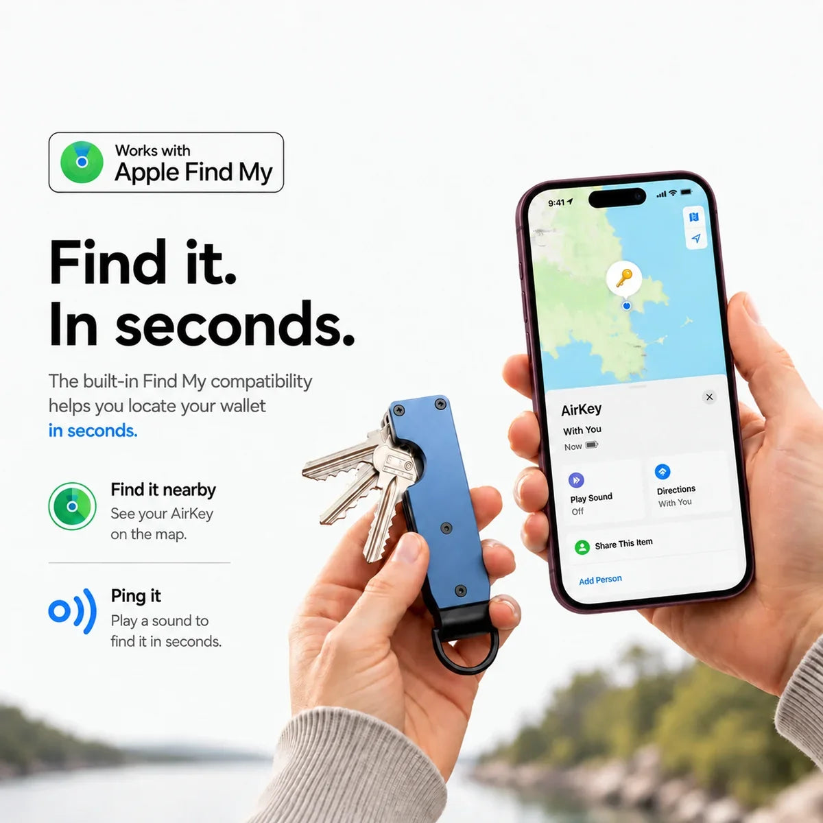 Horizon Blue tracking key organizer being located using Find My on a Burgundy iPhone. #color_Horizon Blue