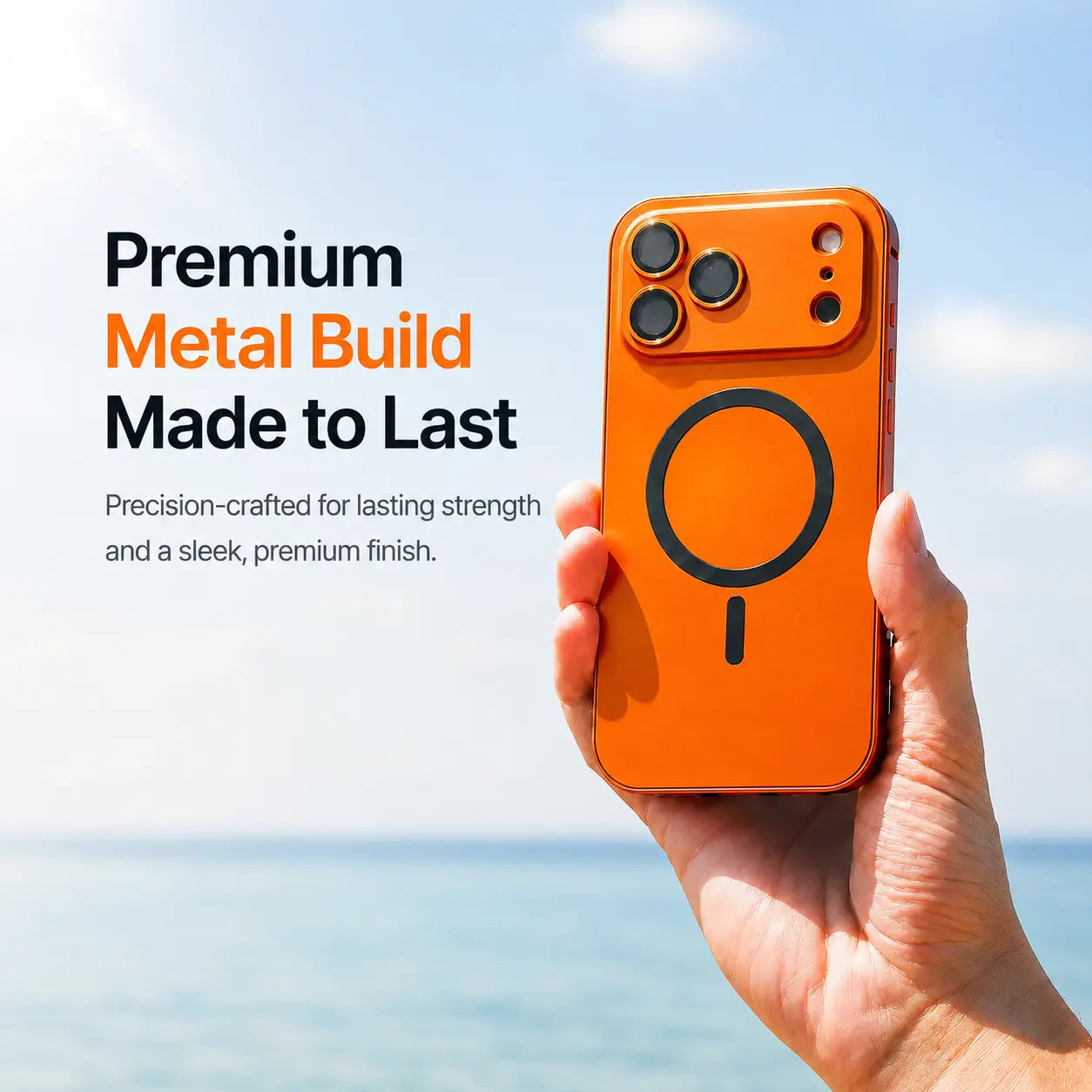Lightweight metal iPhone case with slim design #color_Cosmic Orange