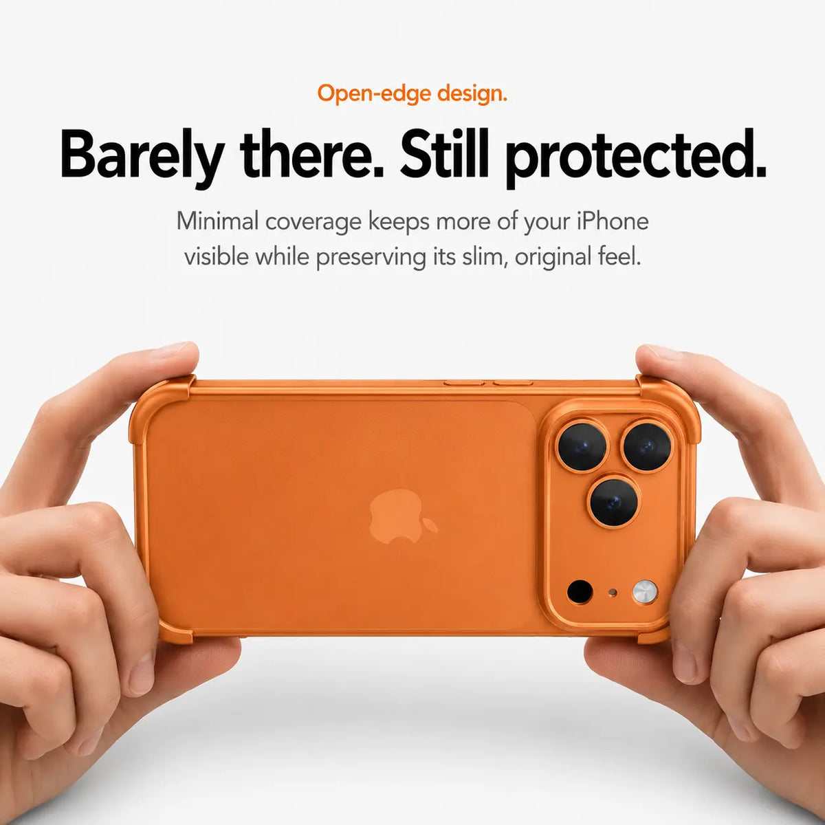Orange open-back phone bumper held horizontally in two hands #color_Cosmic Orange