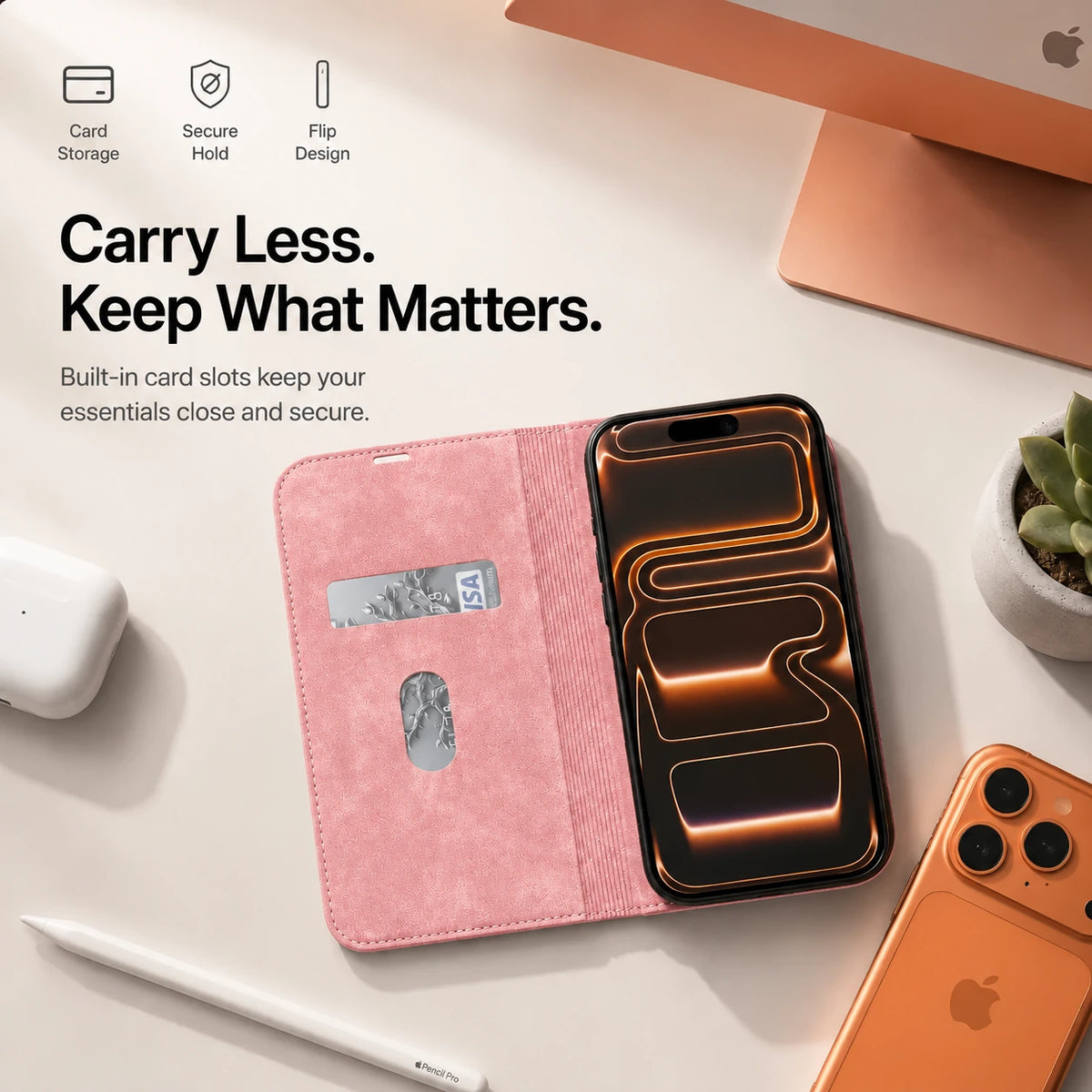 Pink leather folio phone case opened to show card slots on a desk #color_Rose Pink