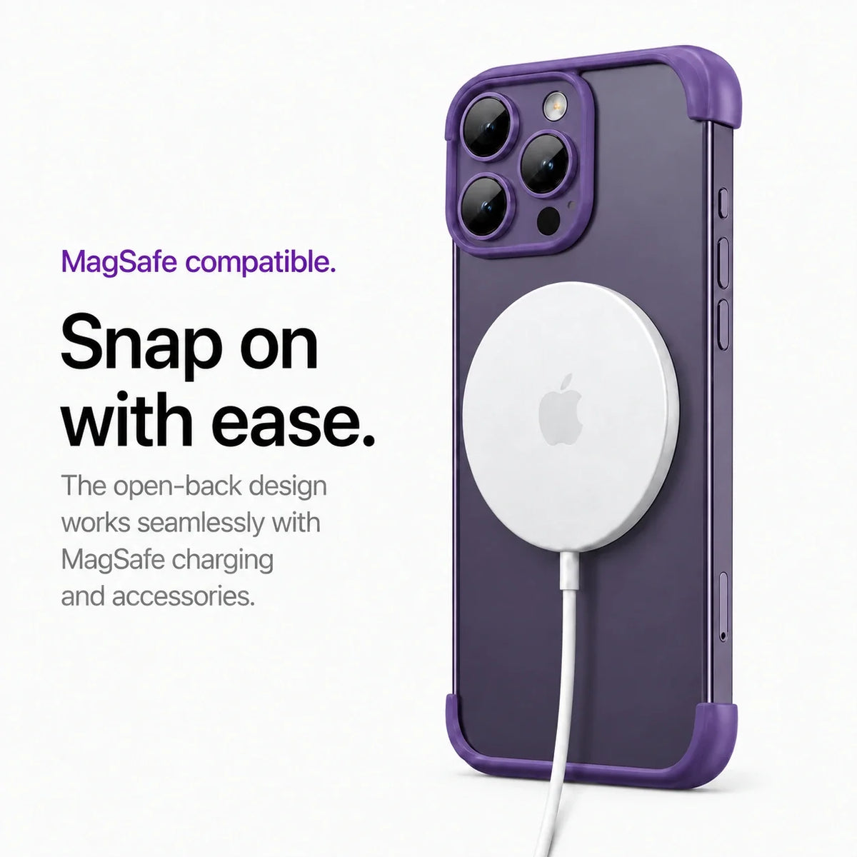 Purple open-back phone bumper attached to a white magnetic wireless charging puck #color_Lavender