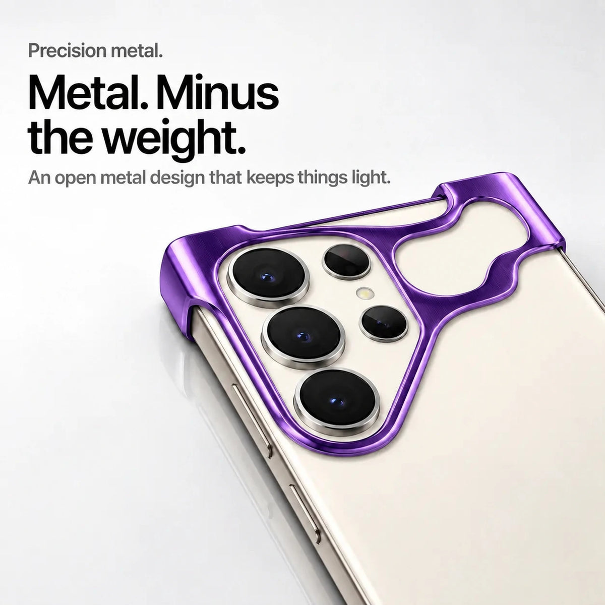 Purple open metal phone bumper case with a close view of its camera frame #color_Purple
