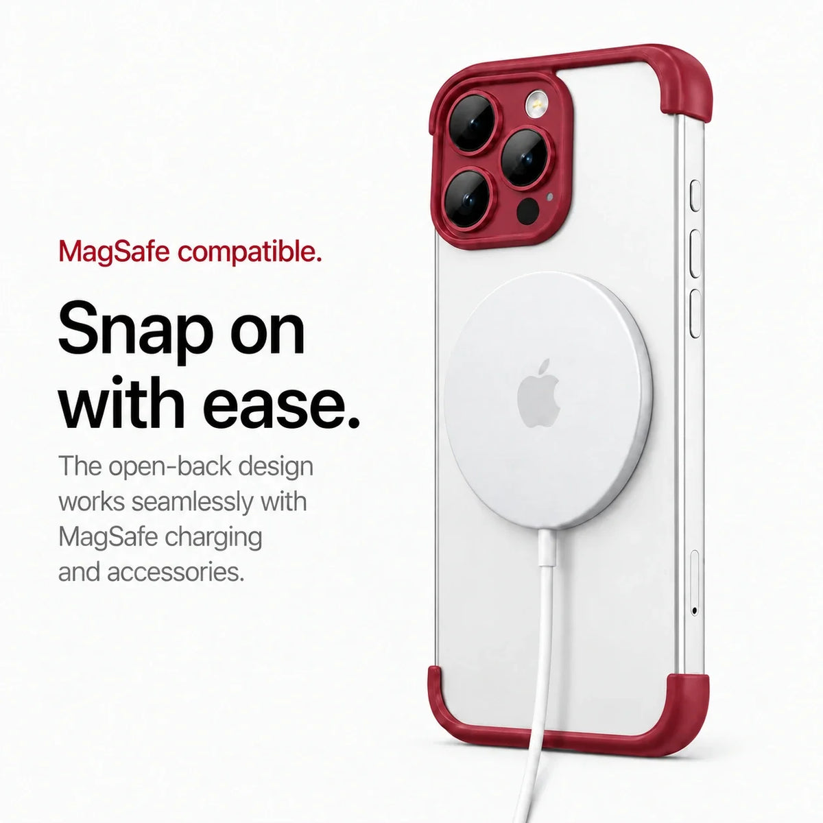 Red open-back phone bumper attached to a white magnetic wireless charging puck #color_Crimson Red