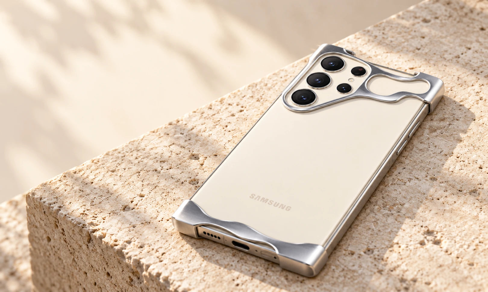 Low side view of slim silver phone guards on a cream phone.
