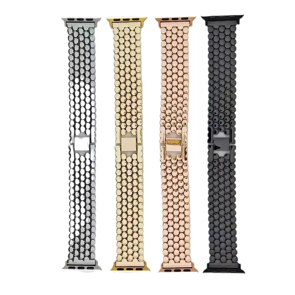 Elegant stainless steel Apple Watch band for women with a polished slim-link design, perfect for formal and casual wear.