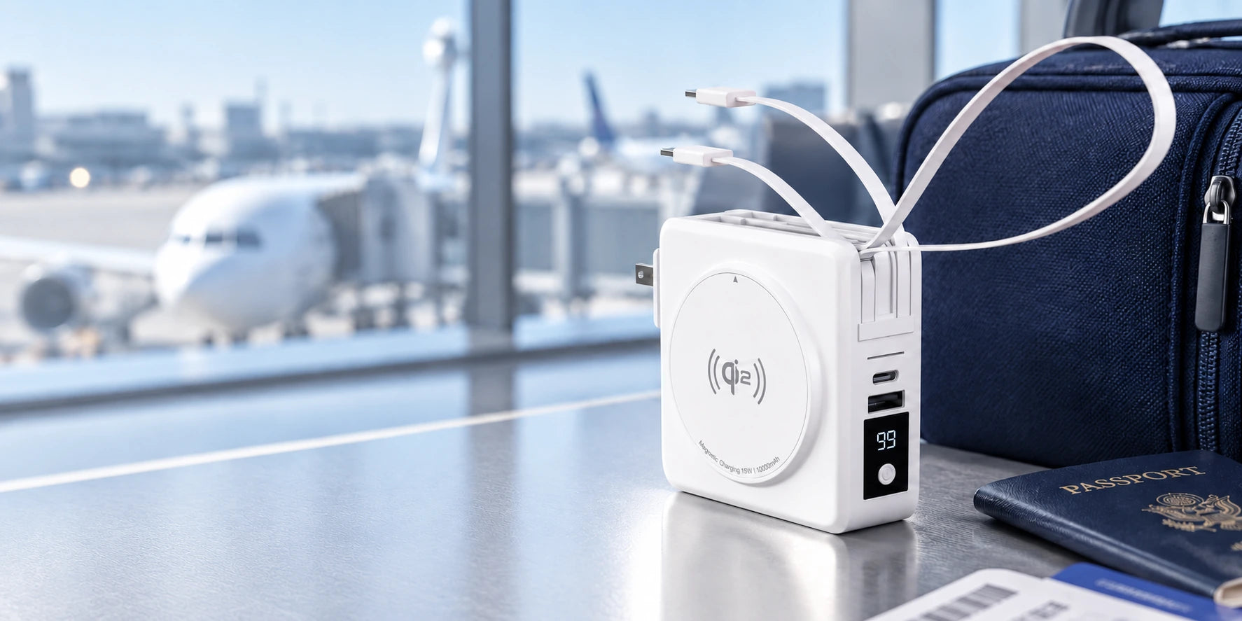 White 10000mAh travel power bank with built-in cables beside a carry-on bag at an airport.
