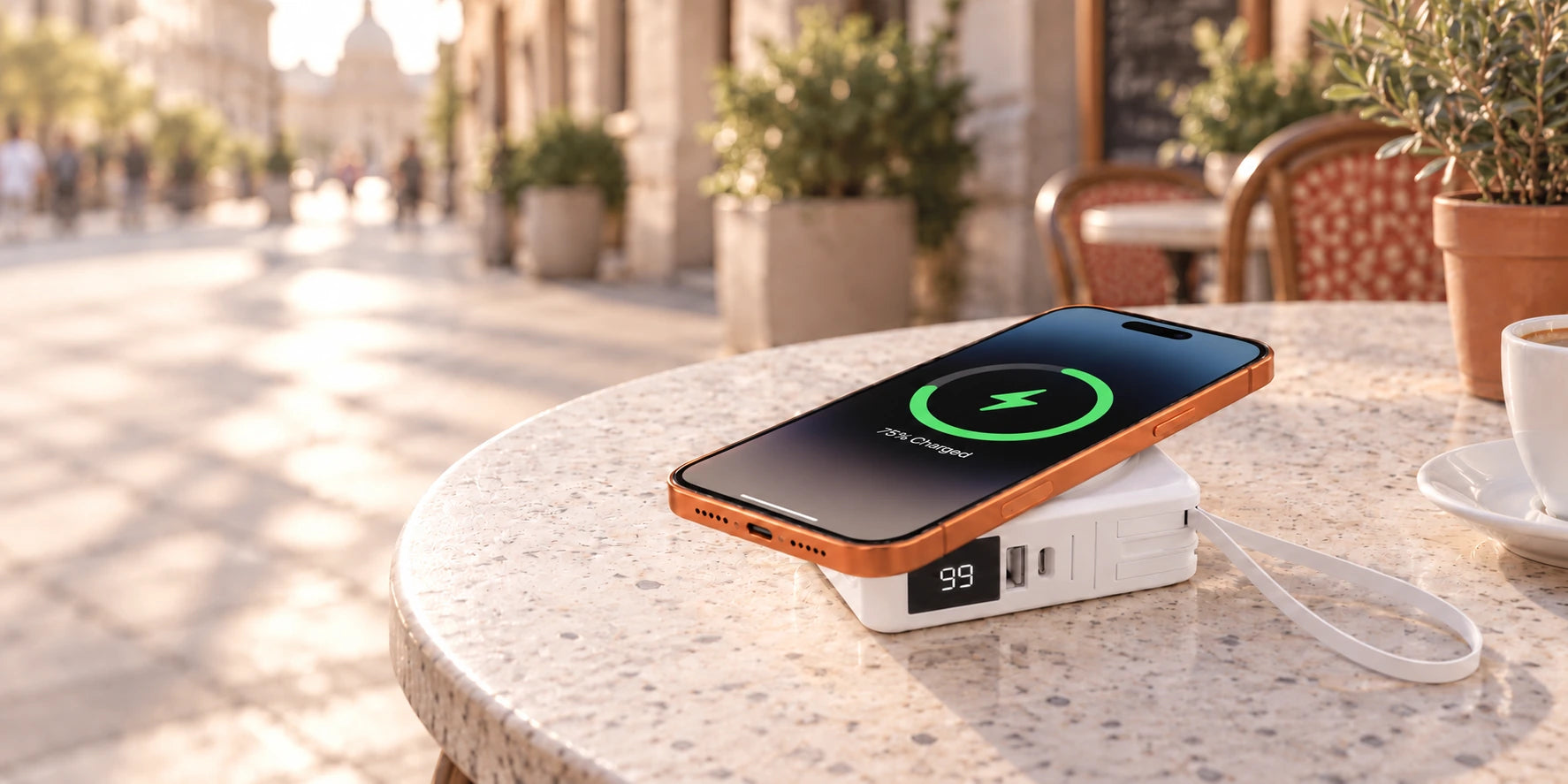 Phone showing wireless charging on a white magnetic power bank at an outdoor cafe.