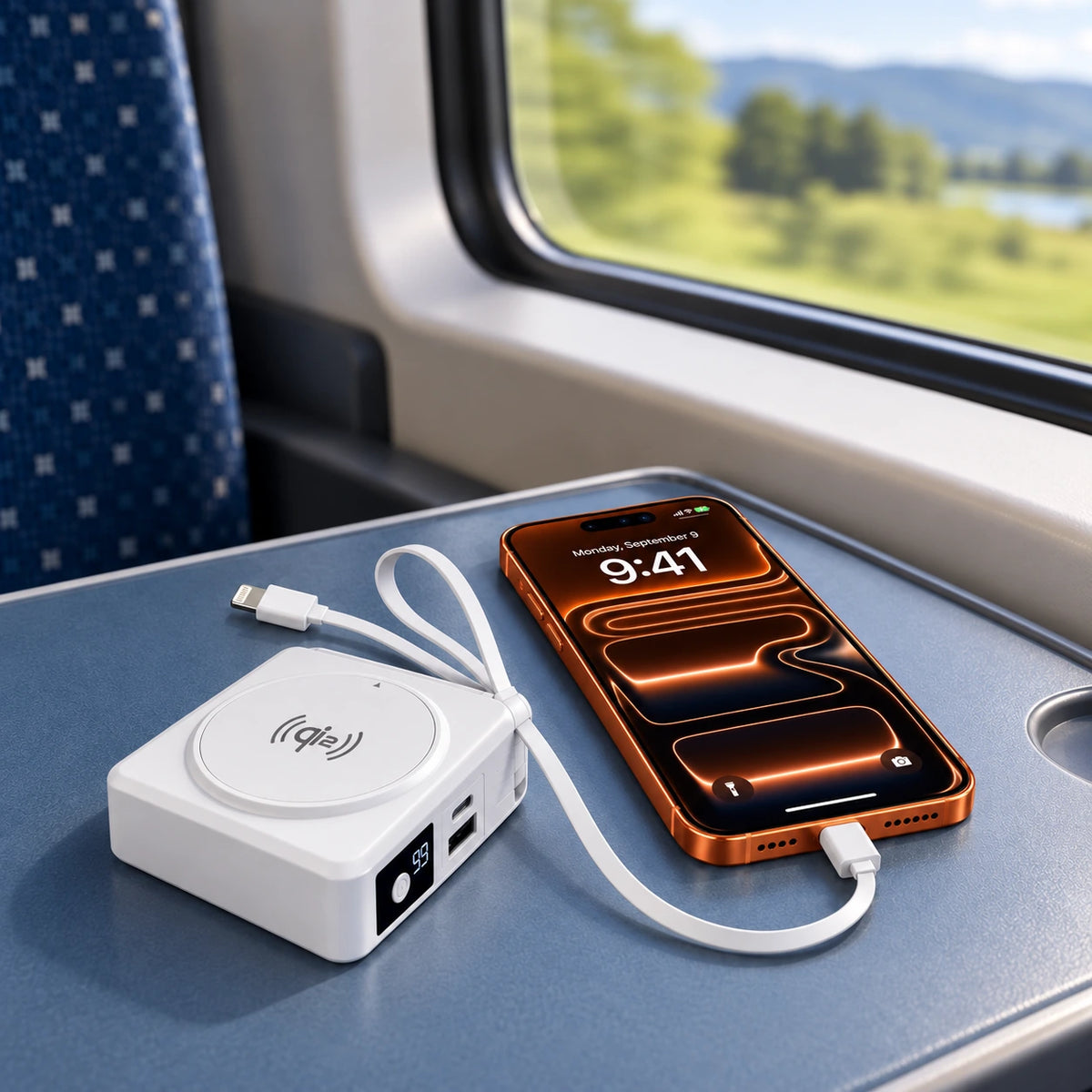 White power bank charging a phone with its built-in USB-C cable on a train table.