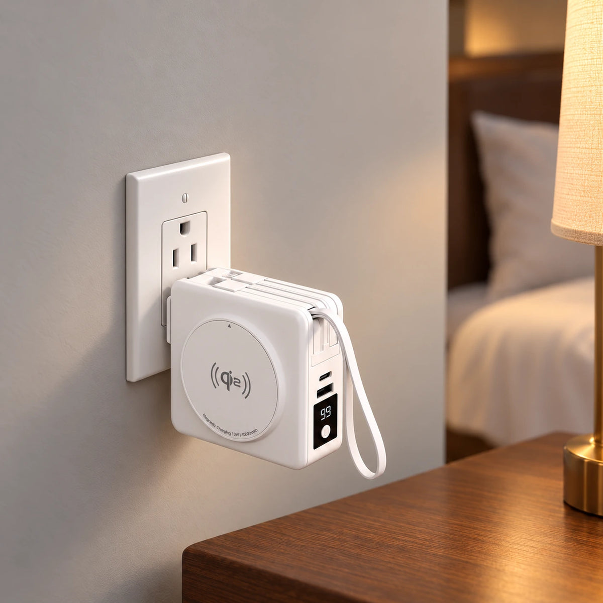 White travel power bank plugged directly into a hotel wall outlet to recharge.