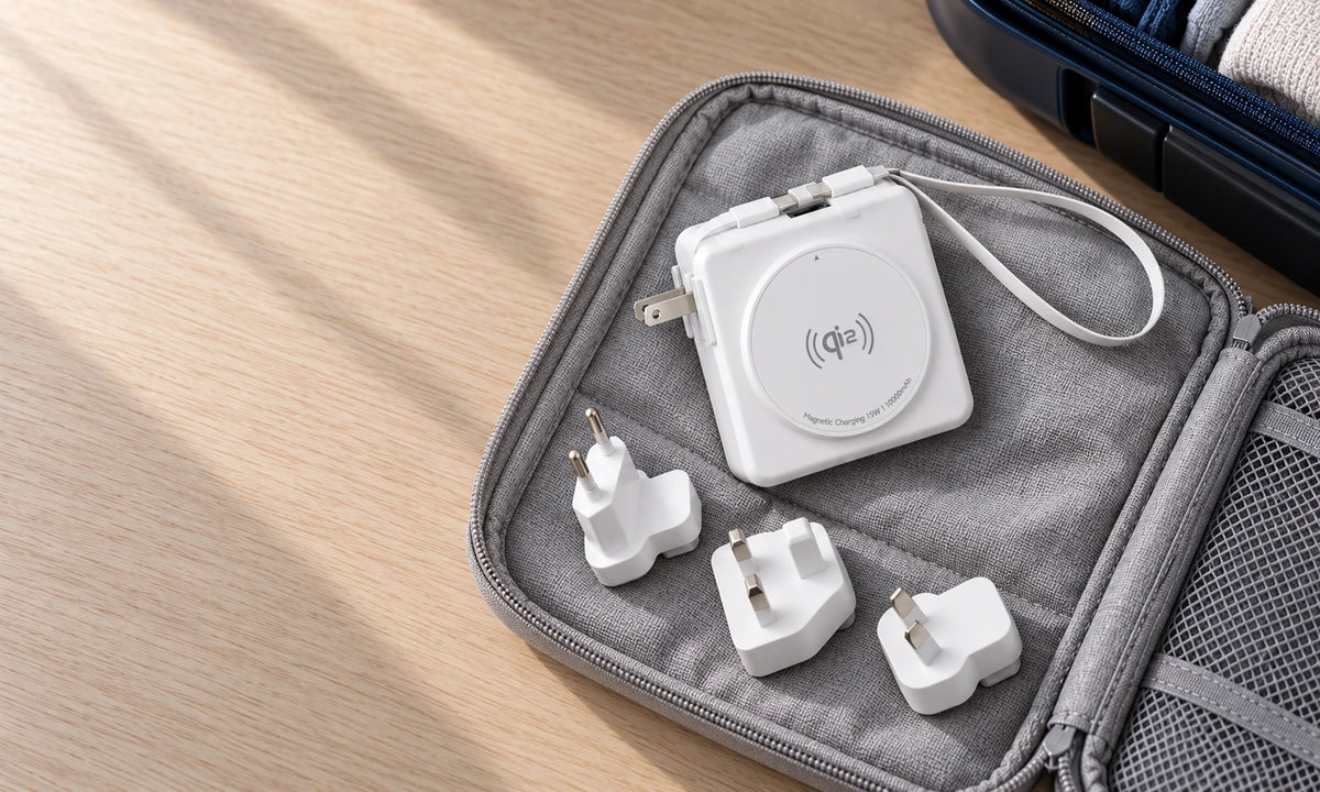 White travel power bank and three plug adapters on a gray fabric pouch while packing.