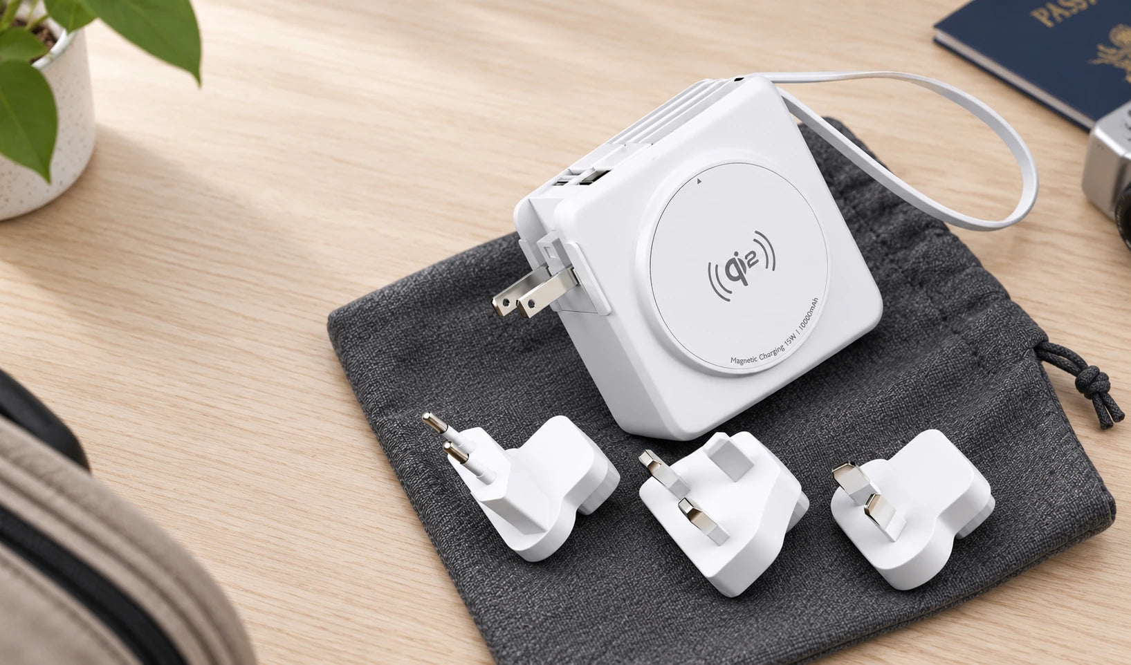 White travel power bank with its matching EU, UK and AU plug adapters arranged on a packing pouch.
